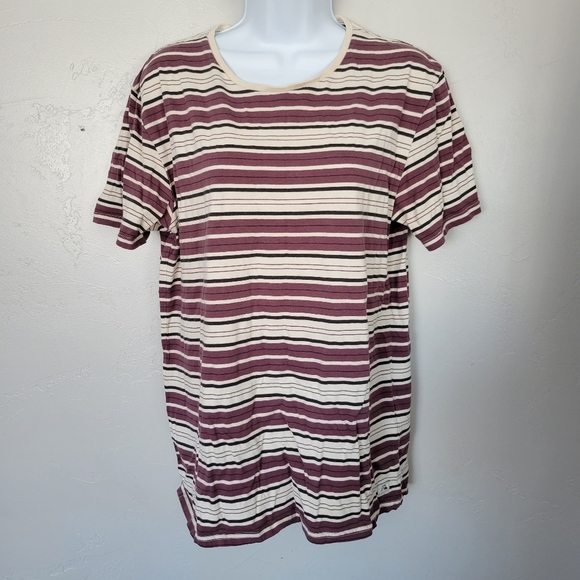 Quiksilver Medium Short Sleeve T-shirt Maroon Black Cream Stripes Boxy Oversized - Picture 1 of 6